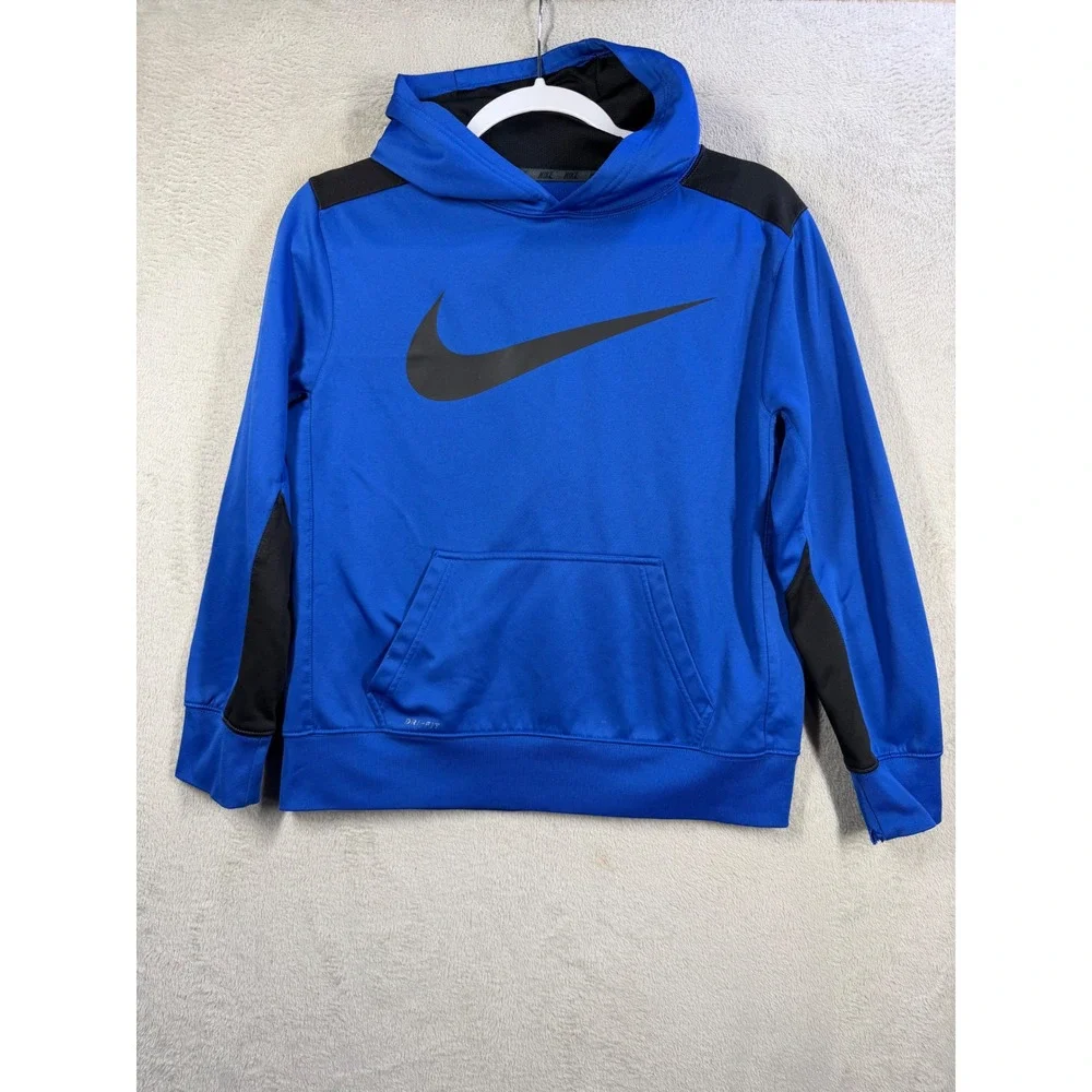 Nike Dri-FIT Pullover Hoodie Kids XL Blue Black Swoosh Logo Athletic Sweatshirt